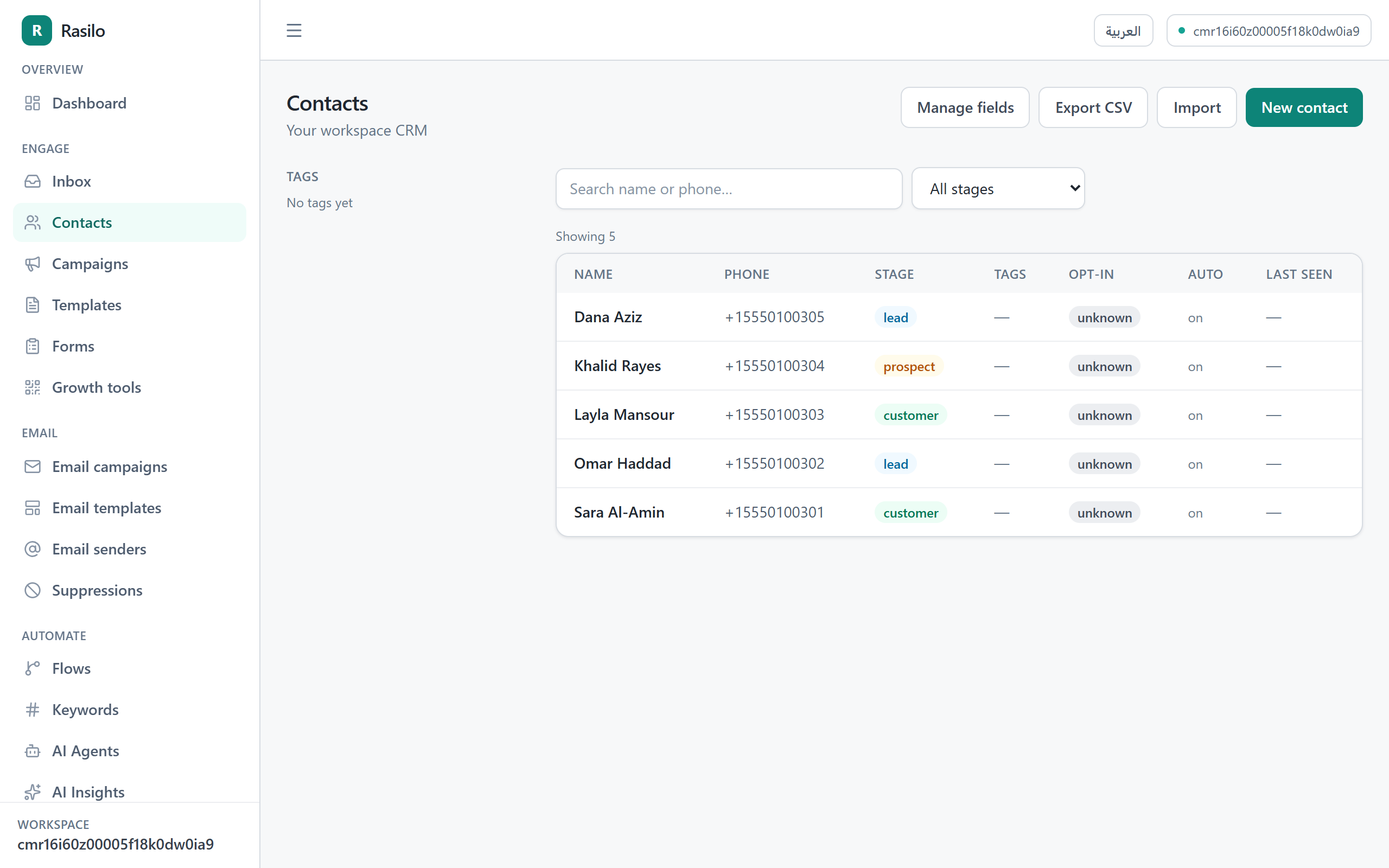 Rasilo contacts CRM table with tags and lifecycle stages